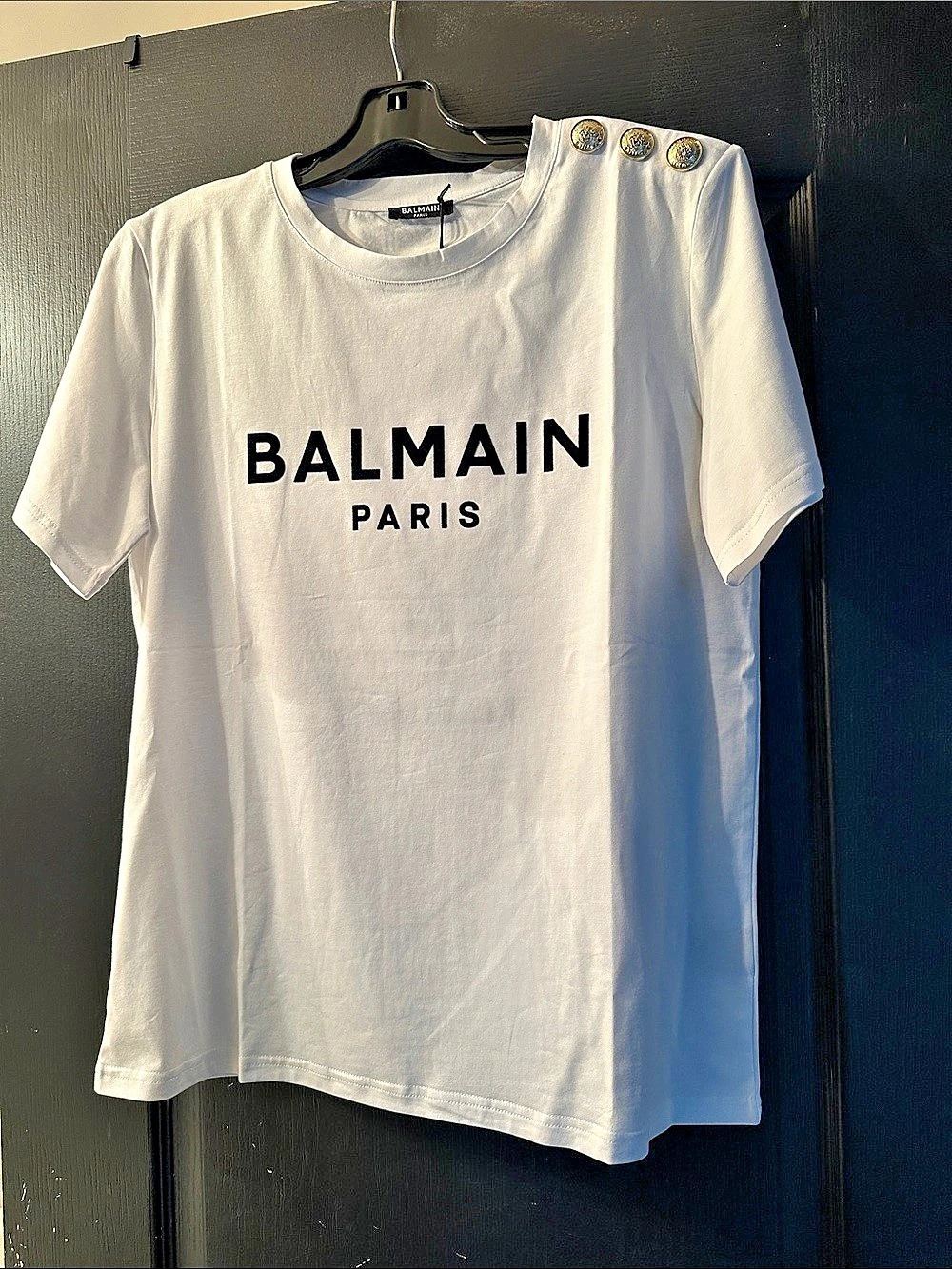 NEW unisex Balmain Button-Detail Logo-Print Shirt White